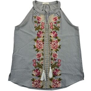 BAM Women Medium Blue White Seersucker Floral Embroidered Tassel Halter Top Boho